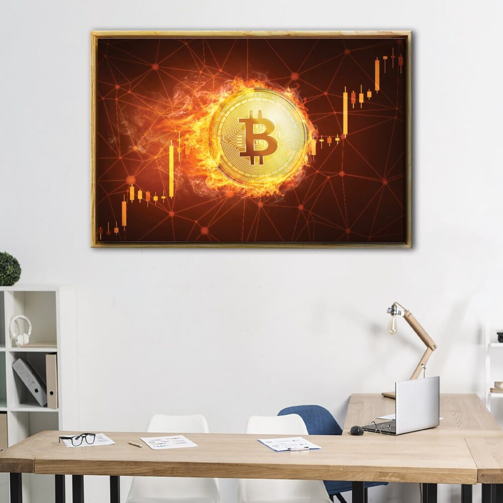 bitcoin in fire floating frame canvas