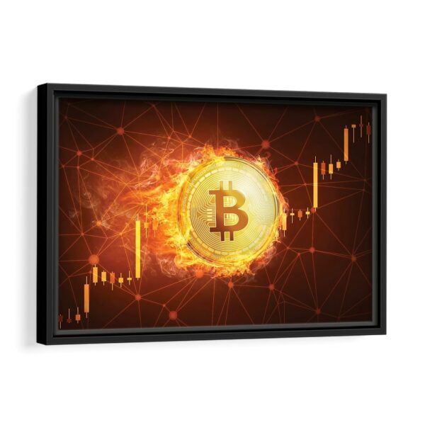 bitcoin in fire framed canvas black frame