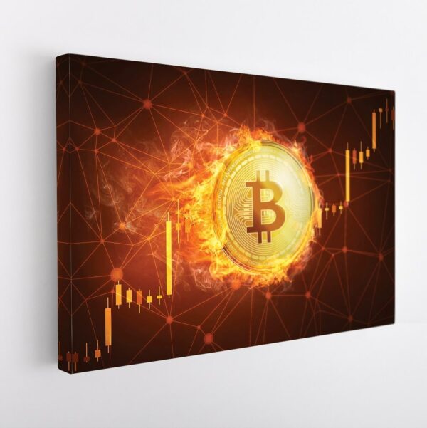 bitcoin in fire stretched canvas