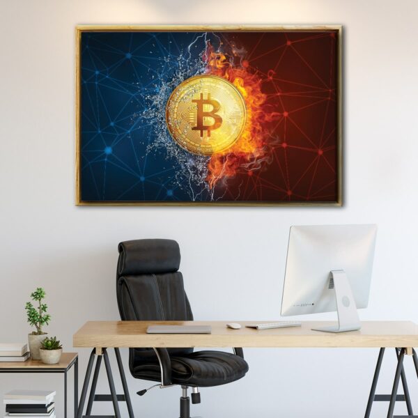 fire water bitcoin floating frame canvas