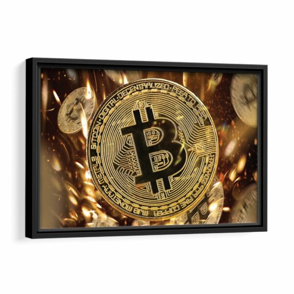 golden bitcoin framed canvas black frame