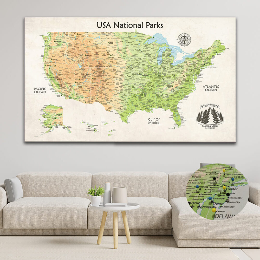 national parks push pin usa map featured