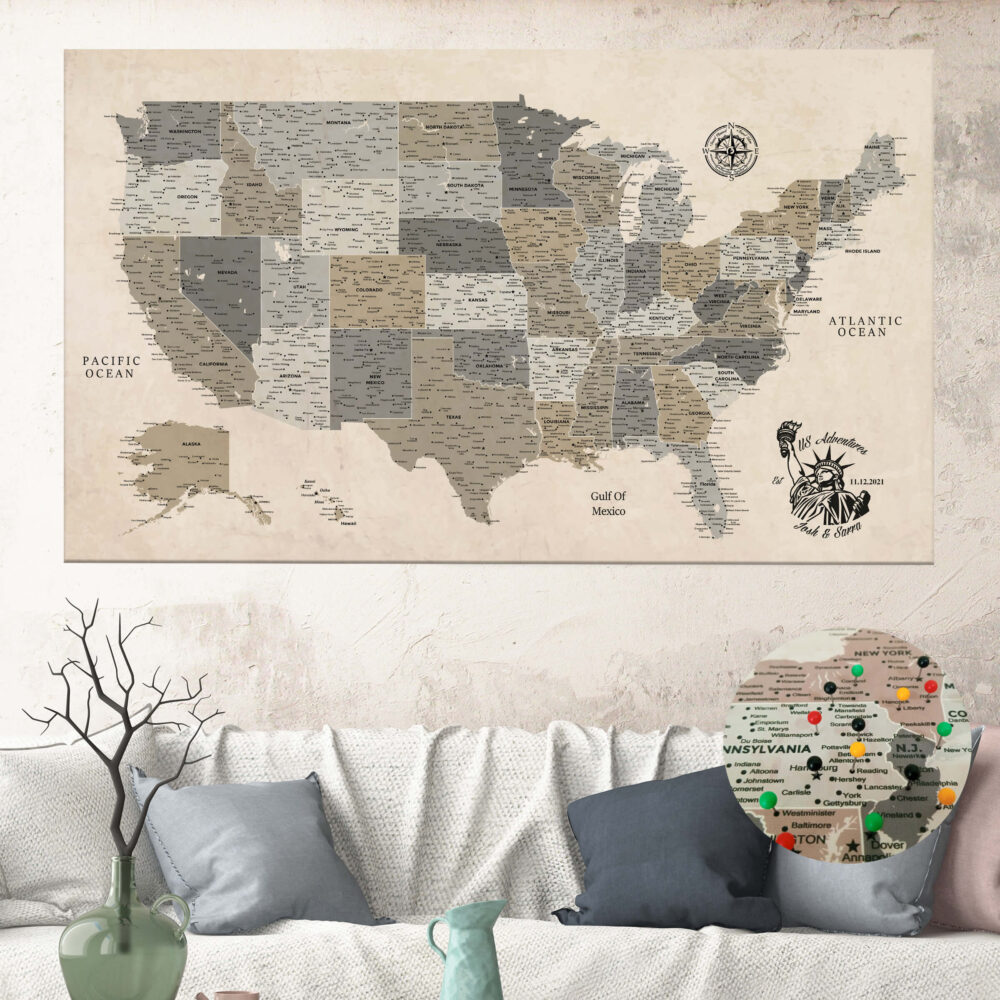 vintage brown push pin usa map