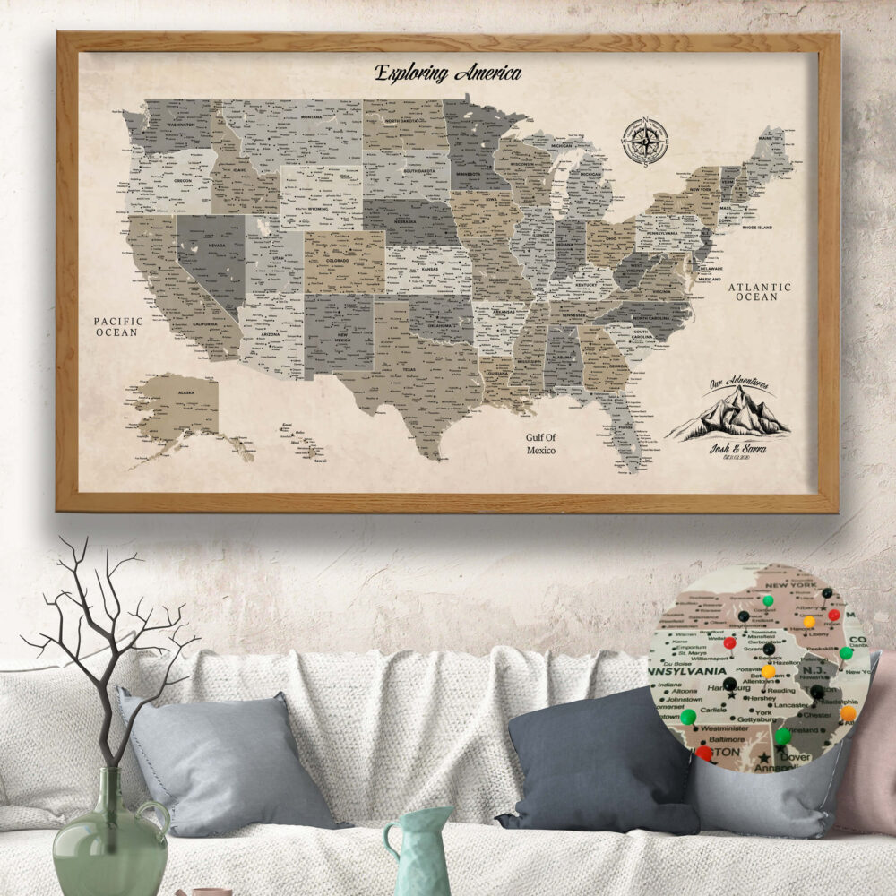 vintage brown push pin usa map framed