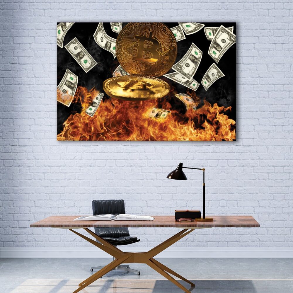 1 panels bitcoin in fire canvas art