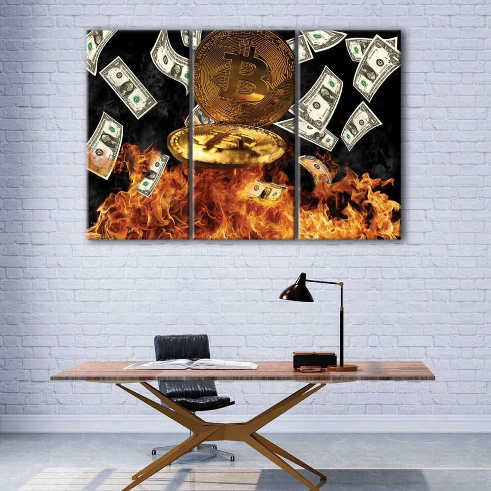 3 panels bitcoin in fire canvas art