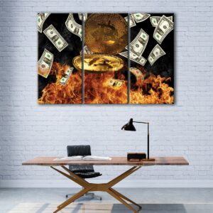 3 panels bitcoin in fire canvas art