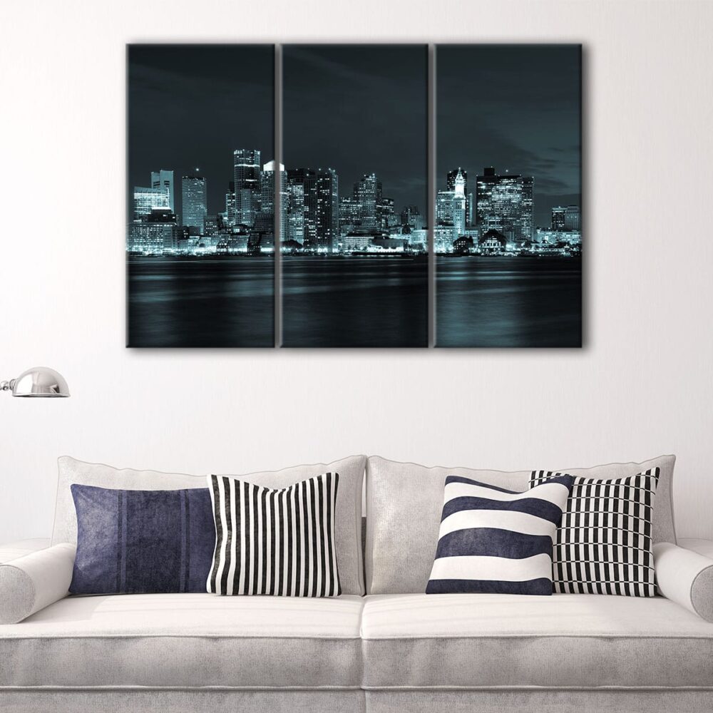 3 panels boston skyline at night canvas art