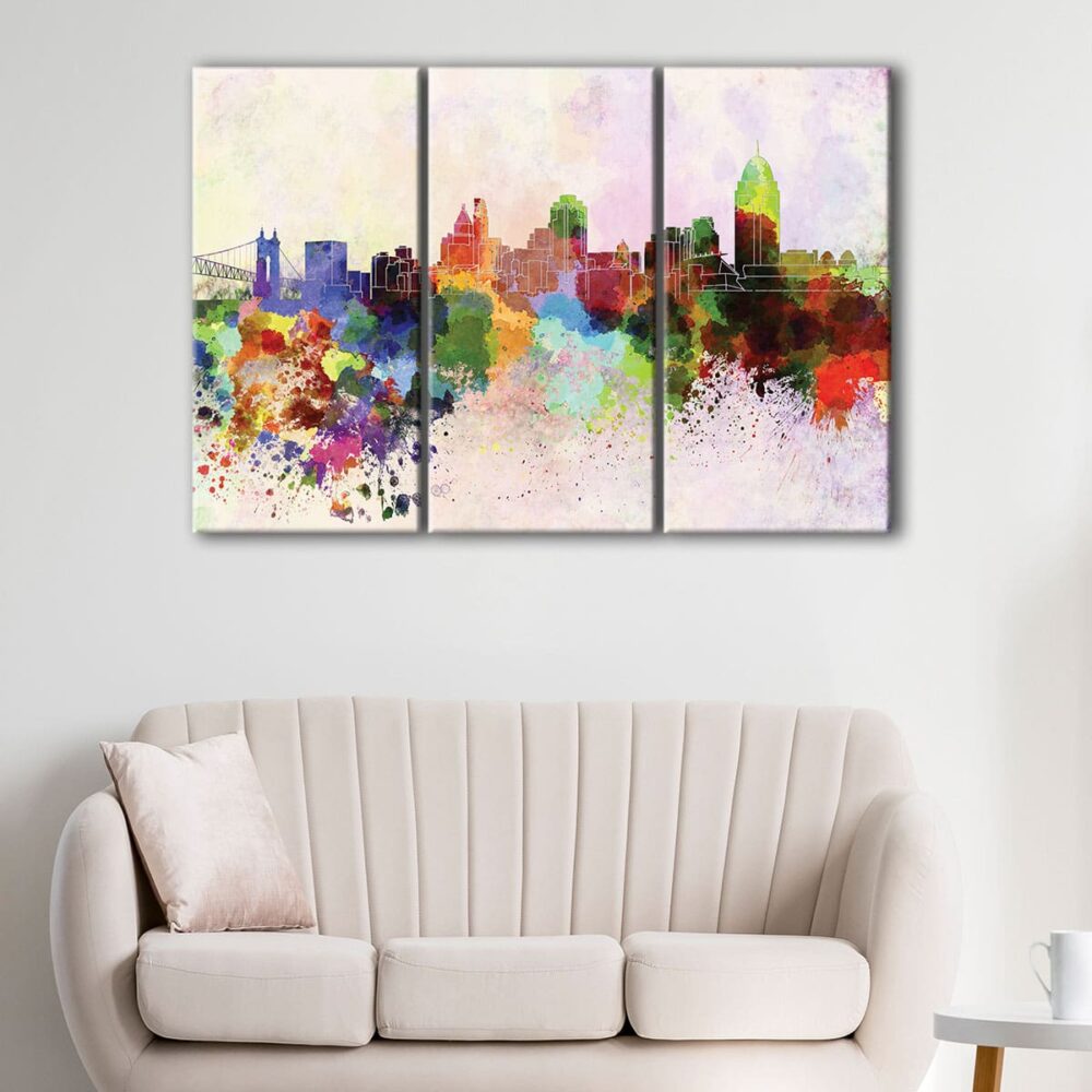 3 panels cincinnati watercolor skyline canvas art