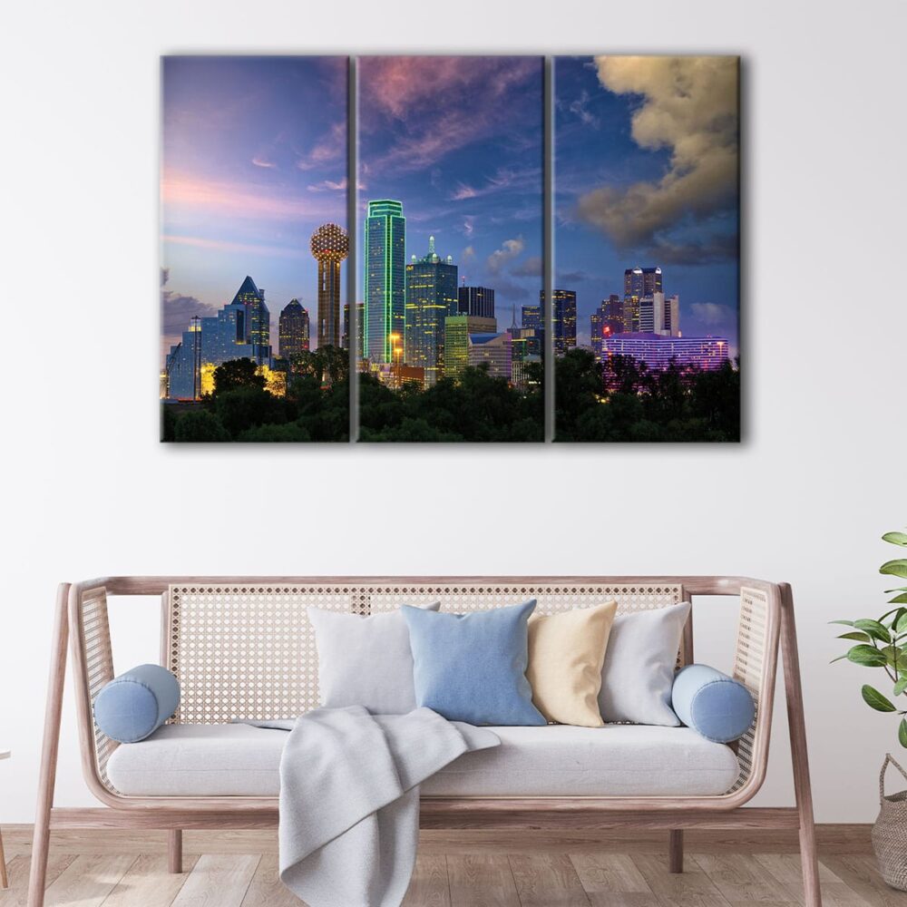 3 panels dallas twilight skyline canvas art