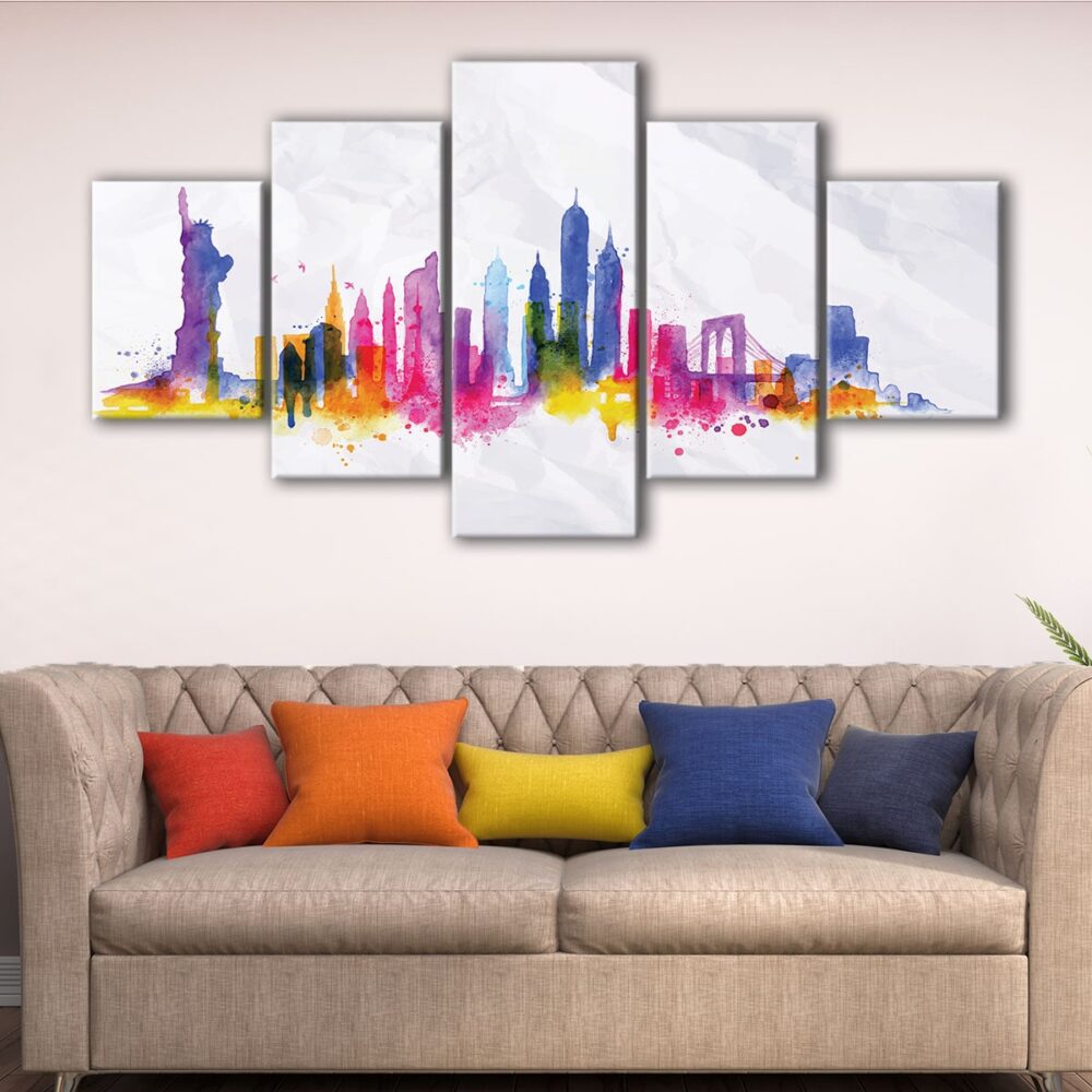 5 panels new york watercolor skyline canvas art