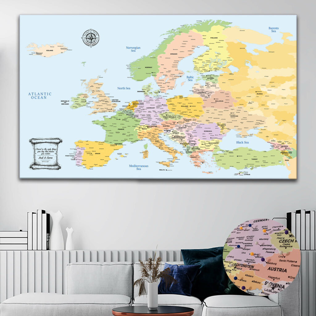 Colorful Europe Push Pin Map | Customized Map | Canvas Art Bay