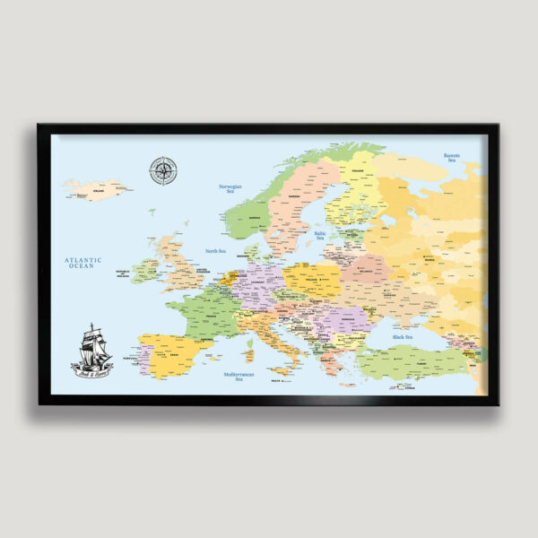 Atlas push pin europe map - black frame