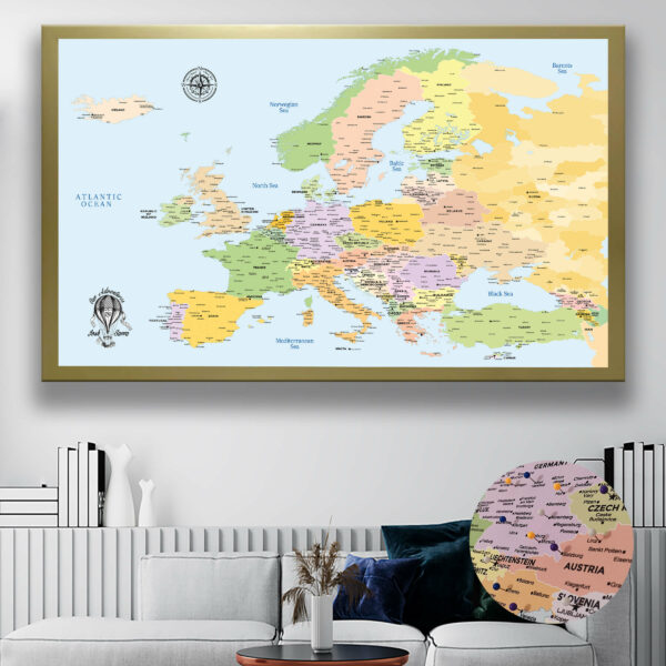 Atlas push pin europe map framed