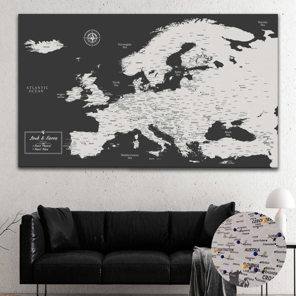 Dark Grey push pin europe map