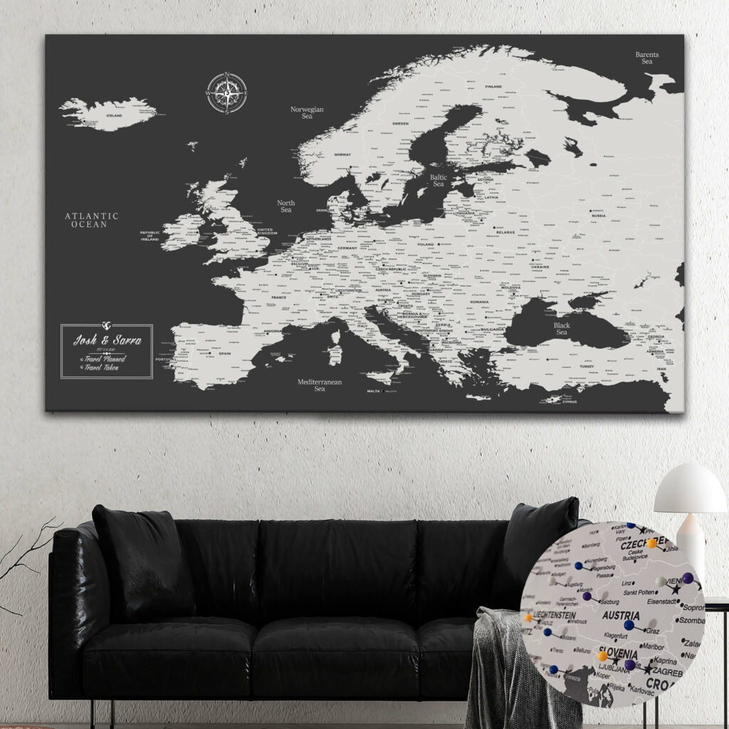 Dark Grey Europe Push Pin Map | Personalized Map | Canvas Art Bay