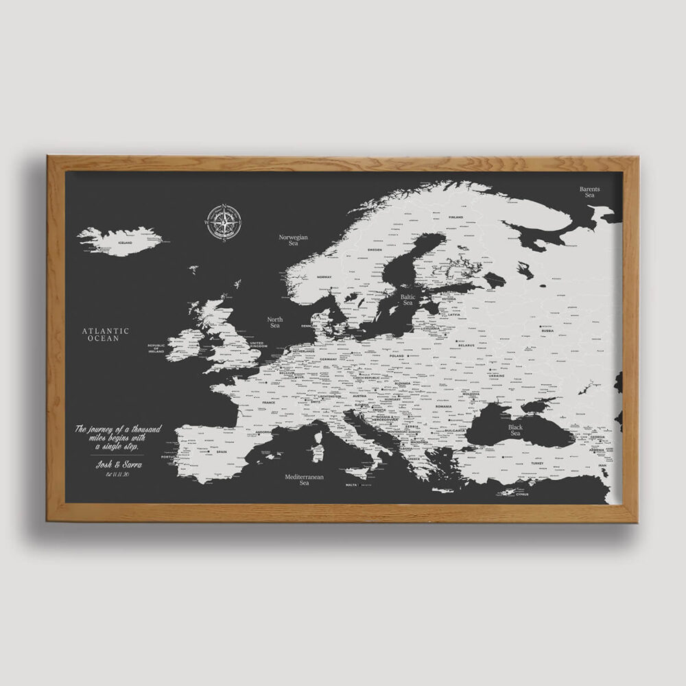 Dark Grey push pin europe map - beige frame