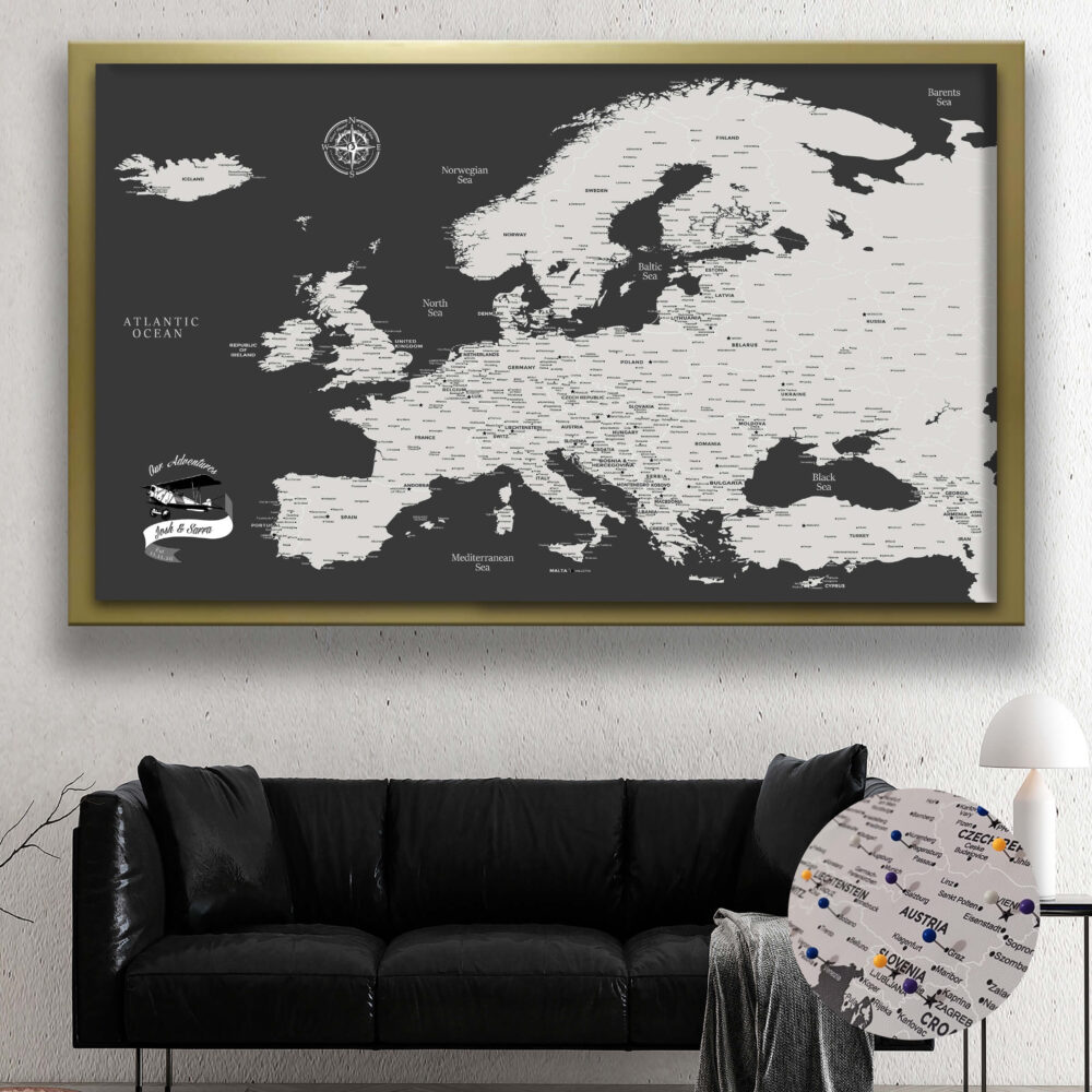 Dark Grey push pin europe map framed