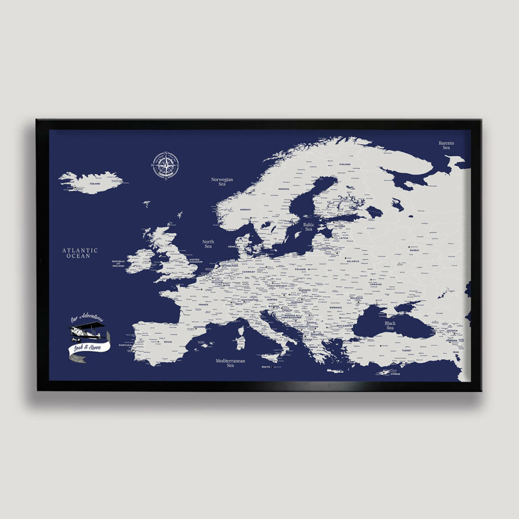 Navy Blue Europe Push Pin Map | Custom Europe Map | Canvas Art Bay