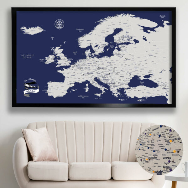 Navy Blue push pin europe map framed