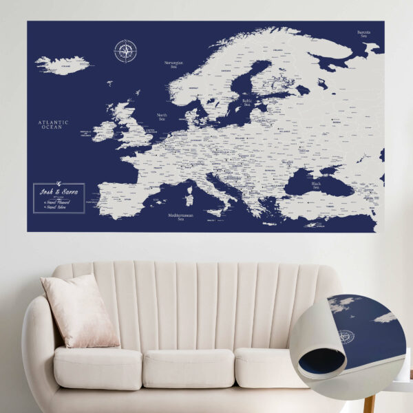 Navy Blue push pin europe map rolled