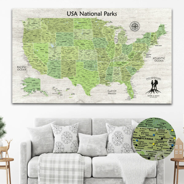 USA National Parks Push Pin Map - green edition