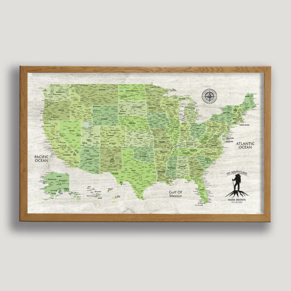 USA National Parks Push Pin Map - green edition -beige frame