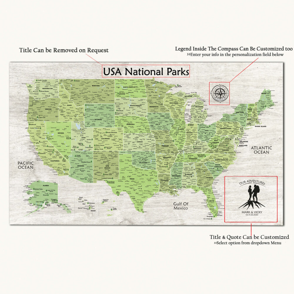 USA National Parks Push Pin Map - green edition detailed