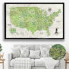USA National Parks Push Pin Map - green edition framed