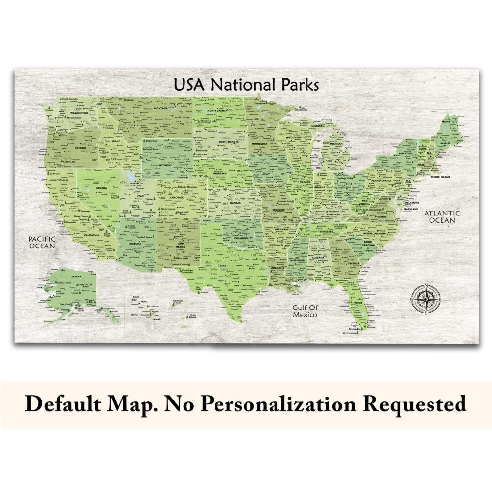 USA National Parks Push Pin Map - green edition no quote