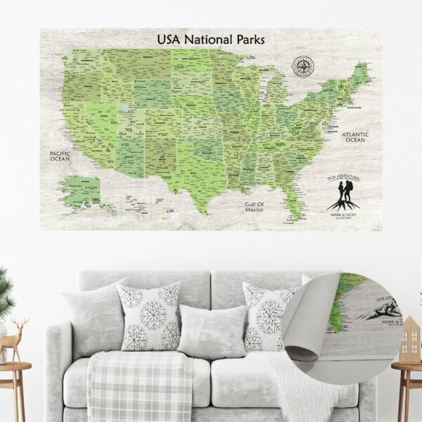 USA National Parks Push Pin Map - green edition rolled