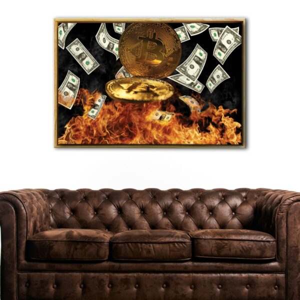 bitcoin in fire floating frame canvas