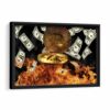 bitcoin in fire framed canvas black frame