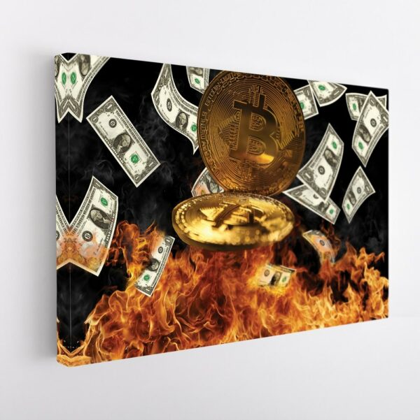 bitcoin in fire stretched canvas