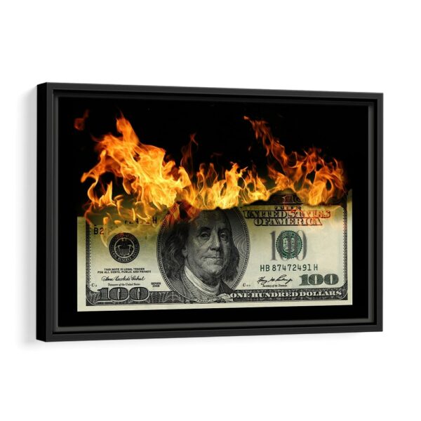 burning 100 dollar framed canvas black frame