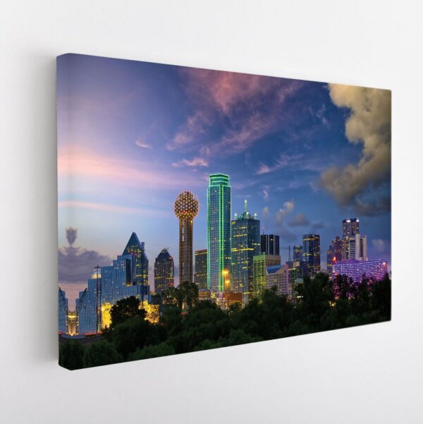 dallas twilight skyline stretched canvas