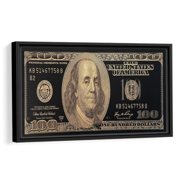 golden 100 dollar bill framed canvas black framed