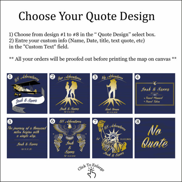 Blue Gold push pin usa map quote personalization