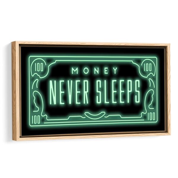 money never sleeps framed canvas beige frame