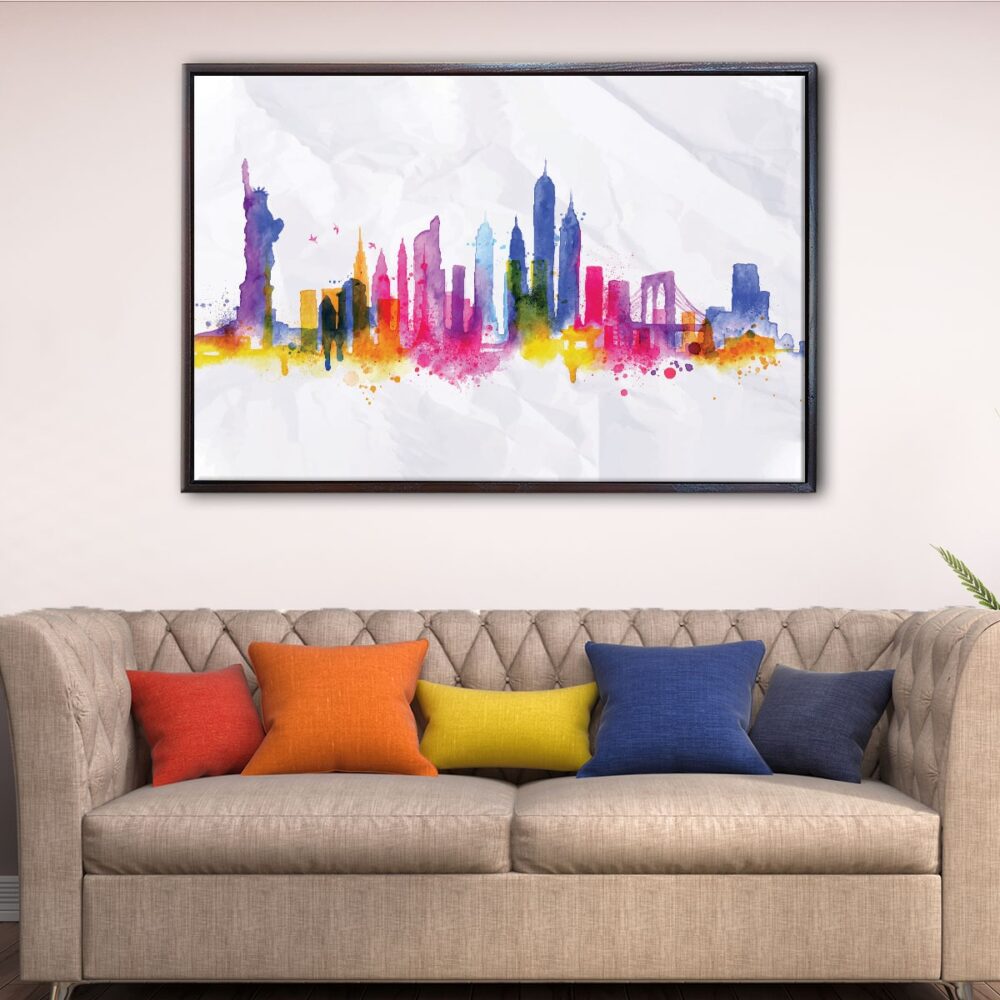 new york watercolor skyline floating frame canvas