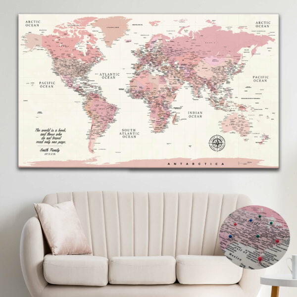 shade of pink push pin world map