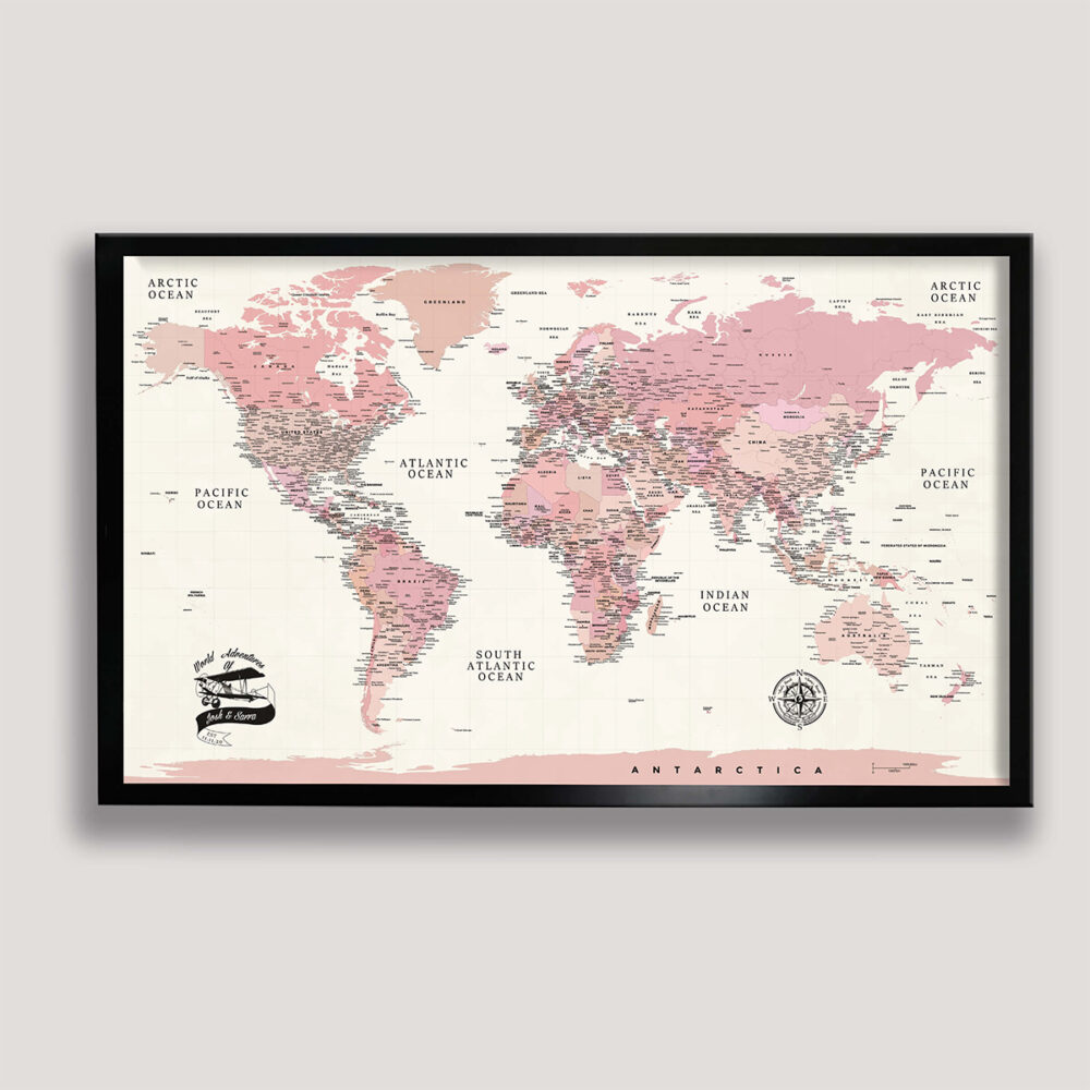 shade of pink push pin world map - black frame