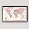 shade of pink push pin world map - black frame