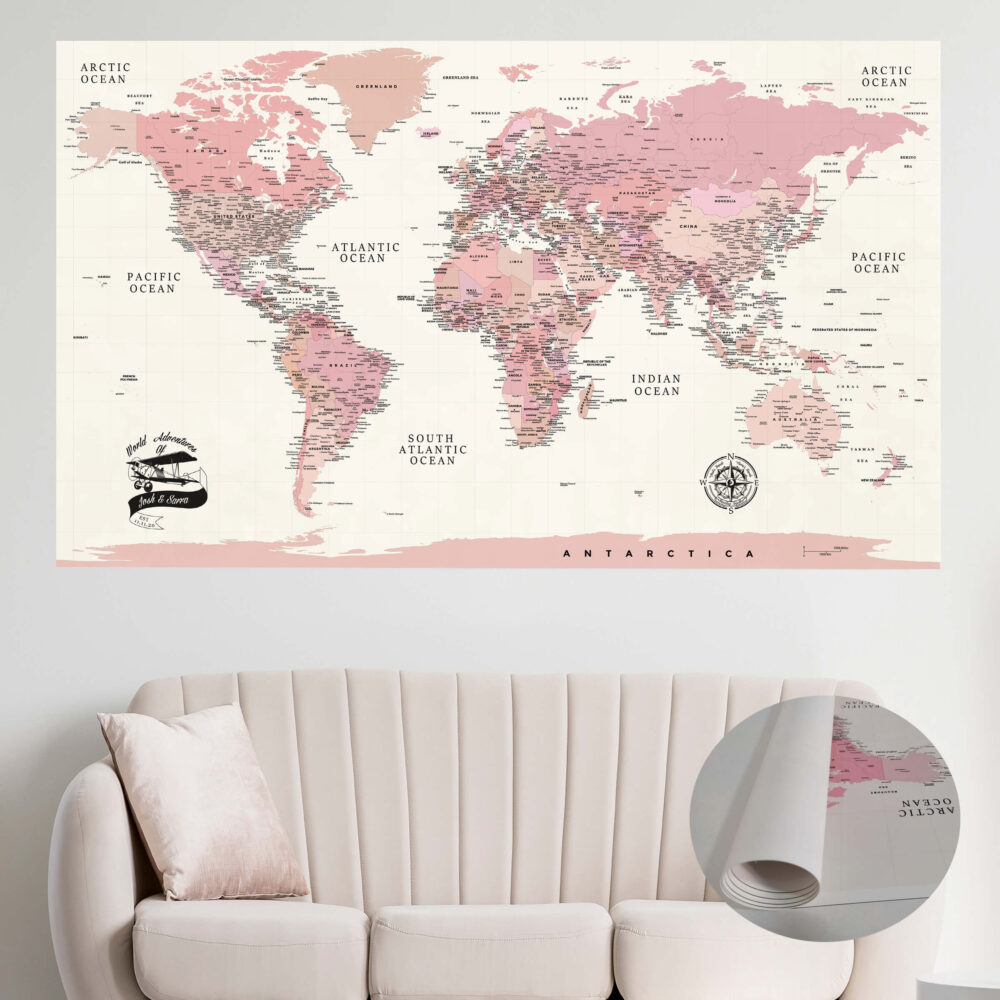 shade of pink push pin world map rolled