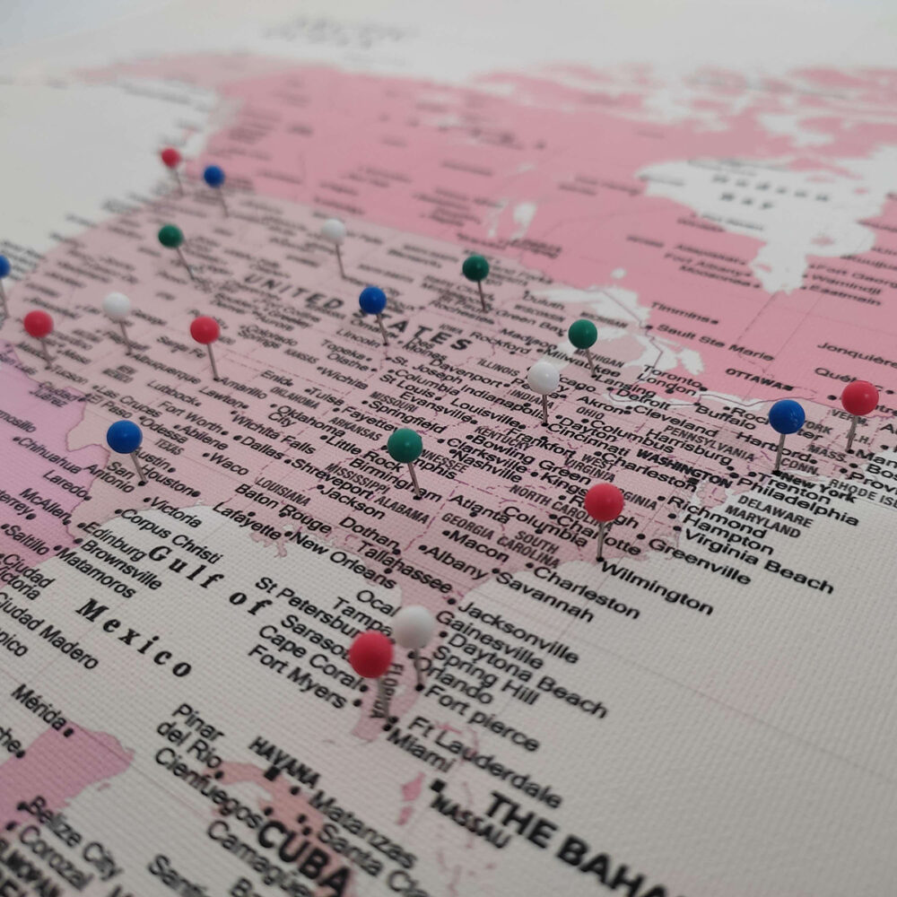 shade of pink push pin world map - usa zoom