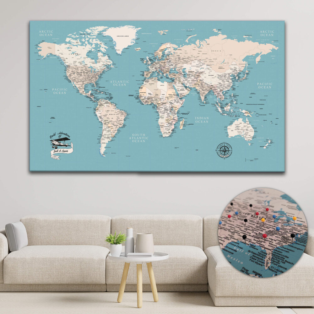 turquoise push pin world map rolled