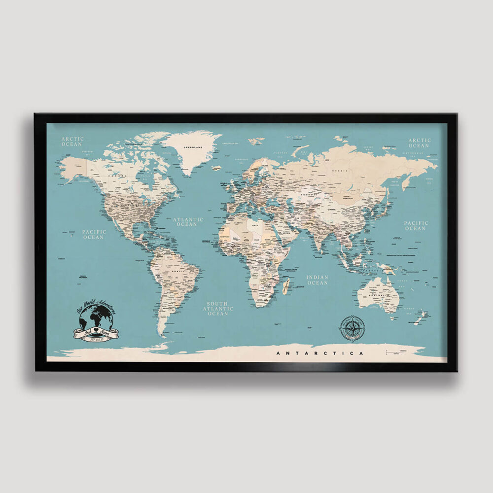 turquoise push pin world map - black frame