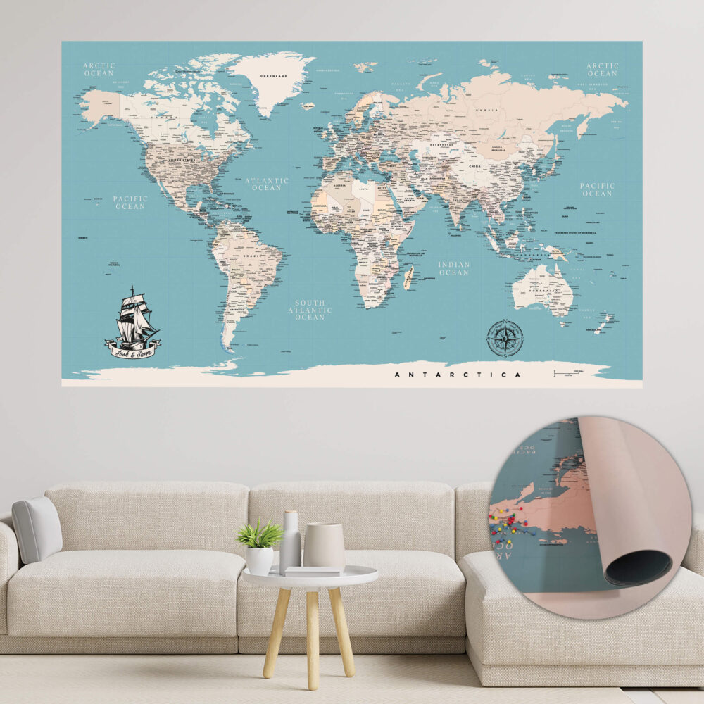 turquoise push pin world map rolled