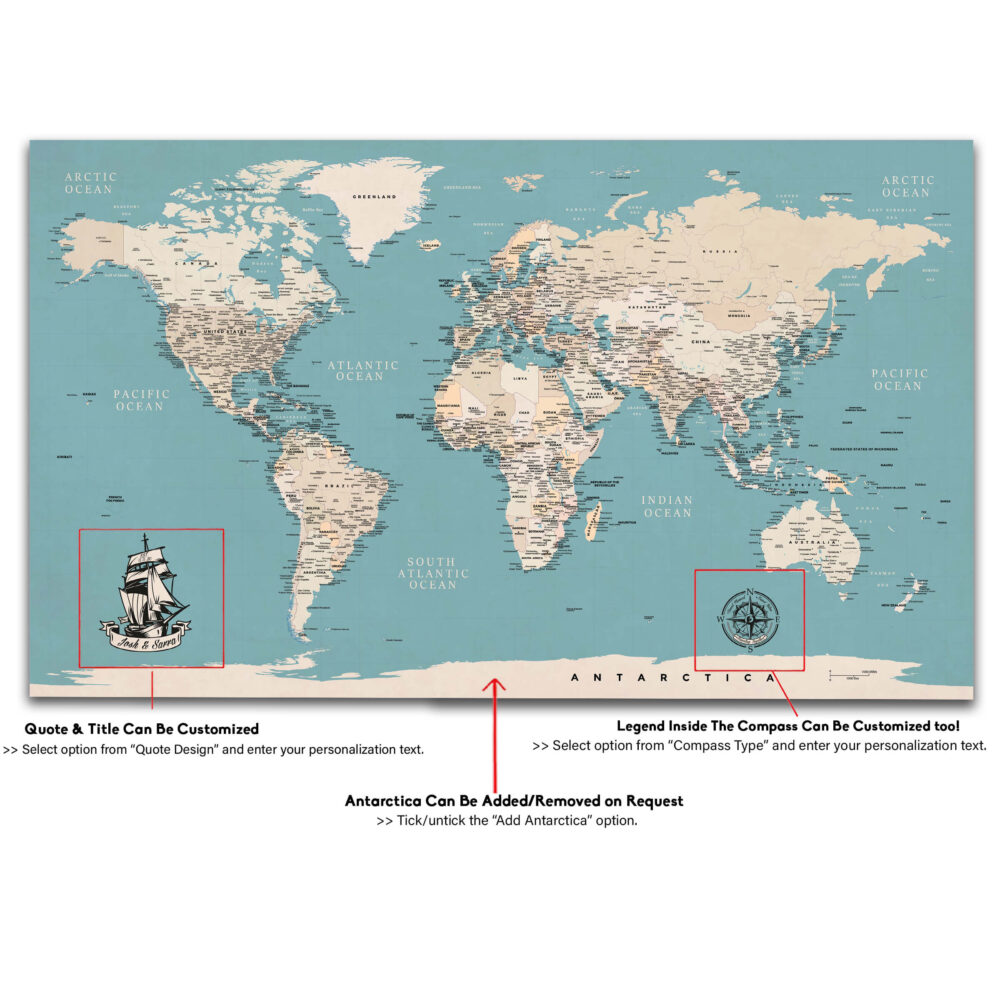 turquoise world map detailed