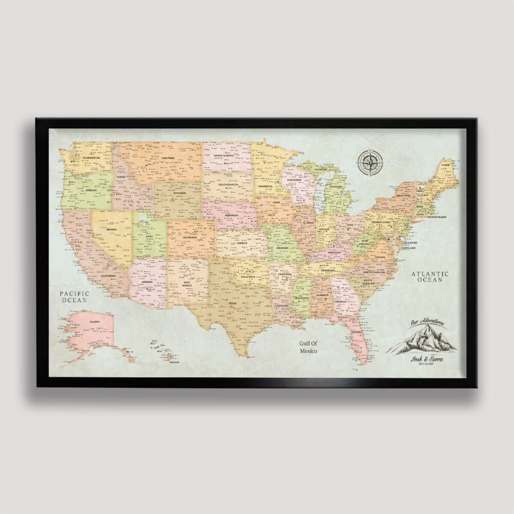 Classic push pin USA map - black frame